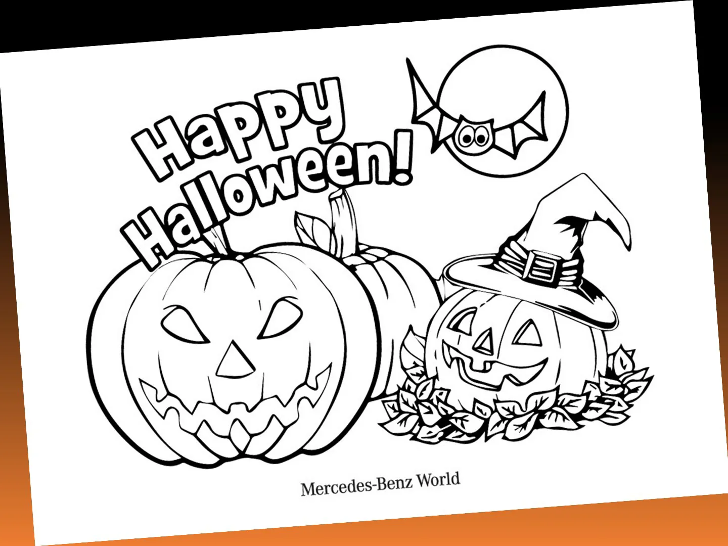 A Halloween-themed coloring sheet from Mercedes-Benz World featuring three jack-o'-lanterns, one wearing a witch hat, with a smiling bat and “Happy Halloween!” text.